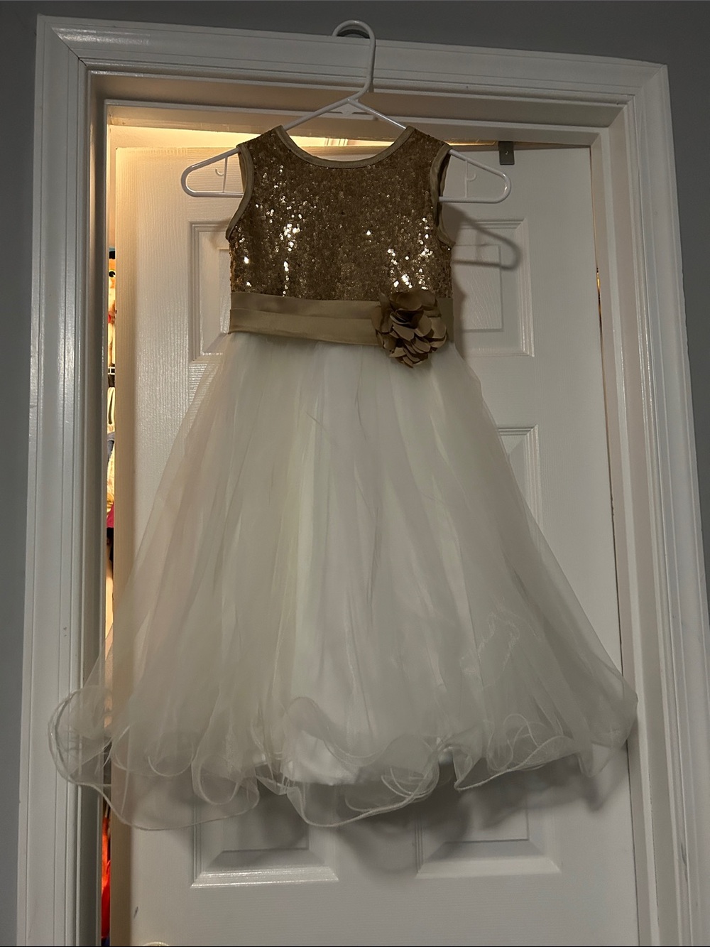Sequin Bodice Cream Tulle Flower Sash Girls Formal Dress